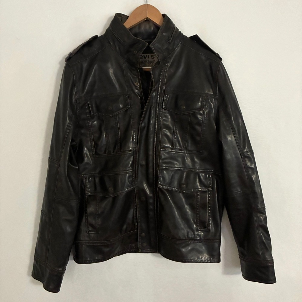 Levis Faux Leather Jacket Mens M Brown Full Zip Packable Hood Aviator Street